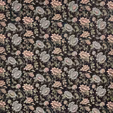 Near-black velvet covered in pink, blue and sage botanical flowers