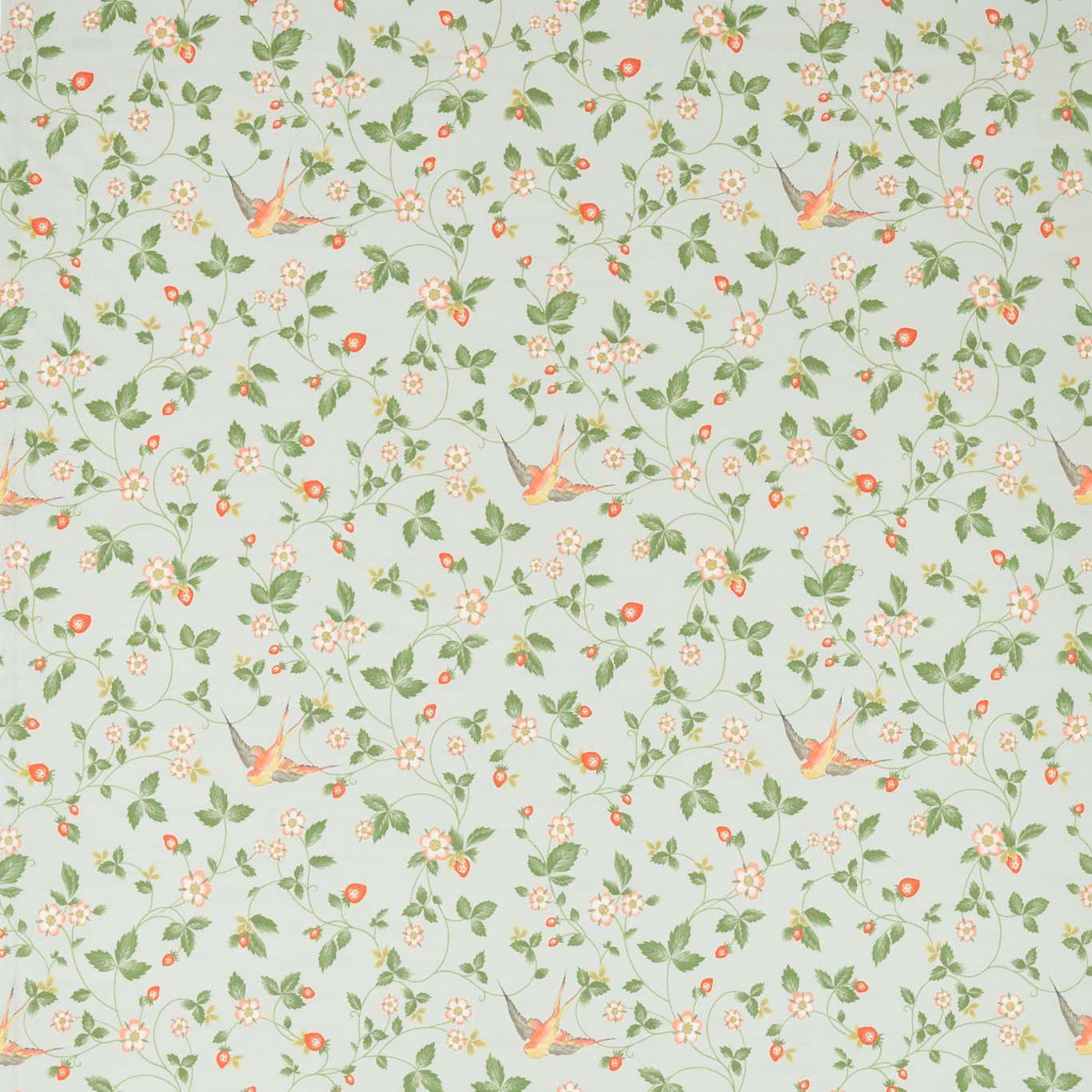 Dove-grey botanical fabric with sage vines, coral flowers, cream blooms and perched birds