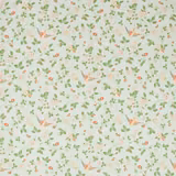 Dove-grey botanical fabric with sage vines, coral flowers, cream blooms and perched birds