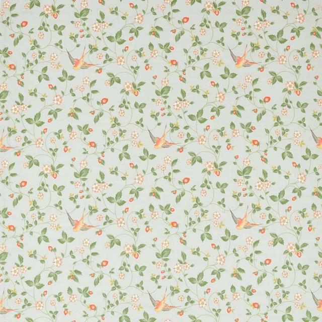 Dove-grey botanical fabric with sage vines, coral flowers, cream blooms and perched birds