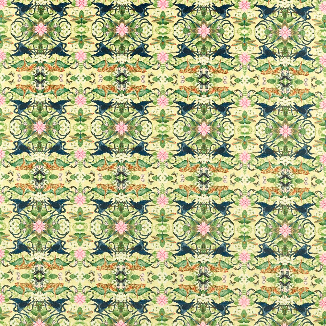 Citron velvet with blue-green birds, pink flowers and scrolling botanical foliage
