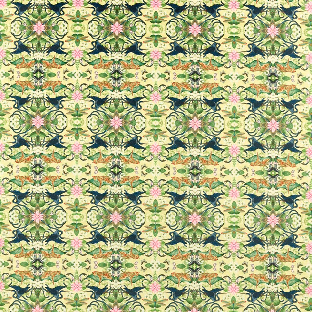 Citron velvet with blue-green birds, pink flowers and scrolling botanical foliage