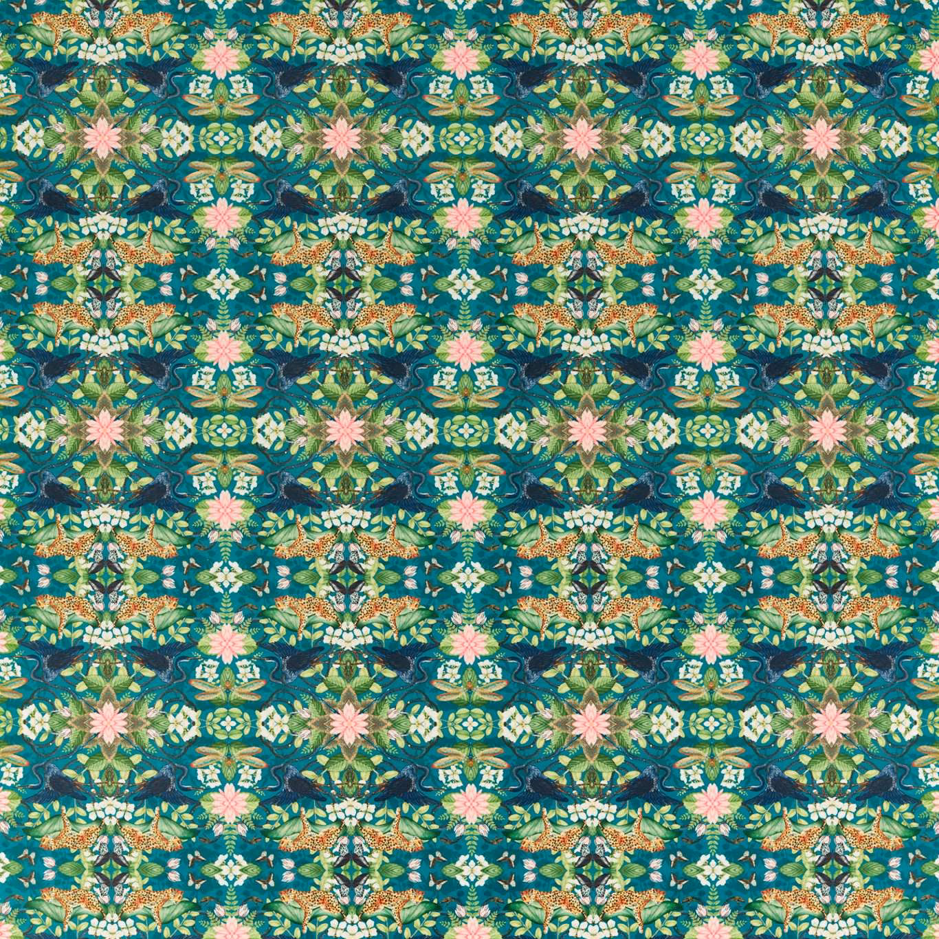 Deep teal velvet with repeating green foliage, pink blossoms and mirrored botanical motifs