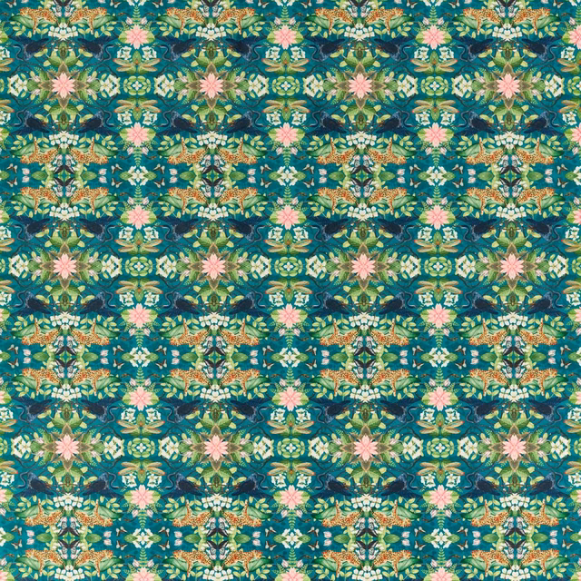 Deep teal velvet with repeating green foliage, pink blossoms and mirrored botanical motifs