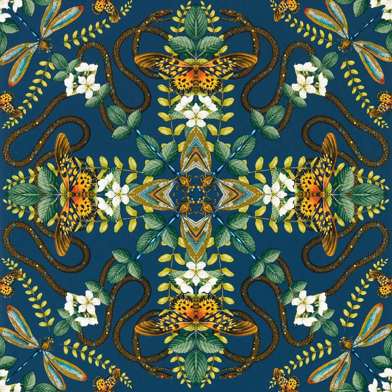 Deep teal wallpaper with mirrored butterflies, dragonflies, white blossoms and curling dark vines