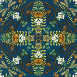 Deep teal wallpaper with mirrored butterflies, dragonflies, white blossoms and curling dark vines