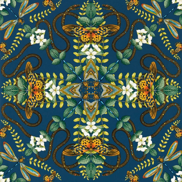Deep teal wallpaper with mirrored butterflies, dragonflies, white blossoms and curling dark vines
