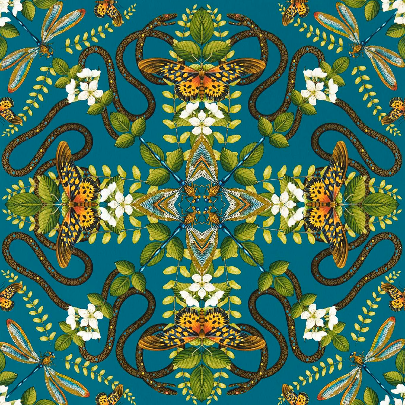 Emerald teal wallpaper with mirrored moths, dragonflies, white blossoms and looping brown tendrils