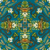 Emerald teal wallpaper with mirrored moths, dragonflies, white blossoms and looping brown tendrils