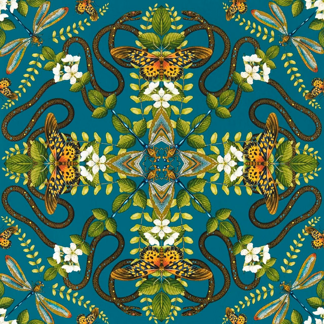 Emerald teal wallpaper with mirrored moths, dragonflies, white blossoms and looping brown tendrils