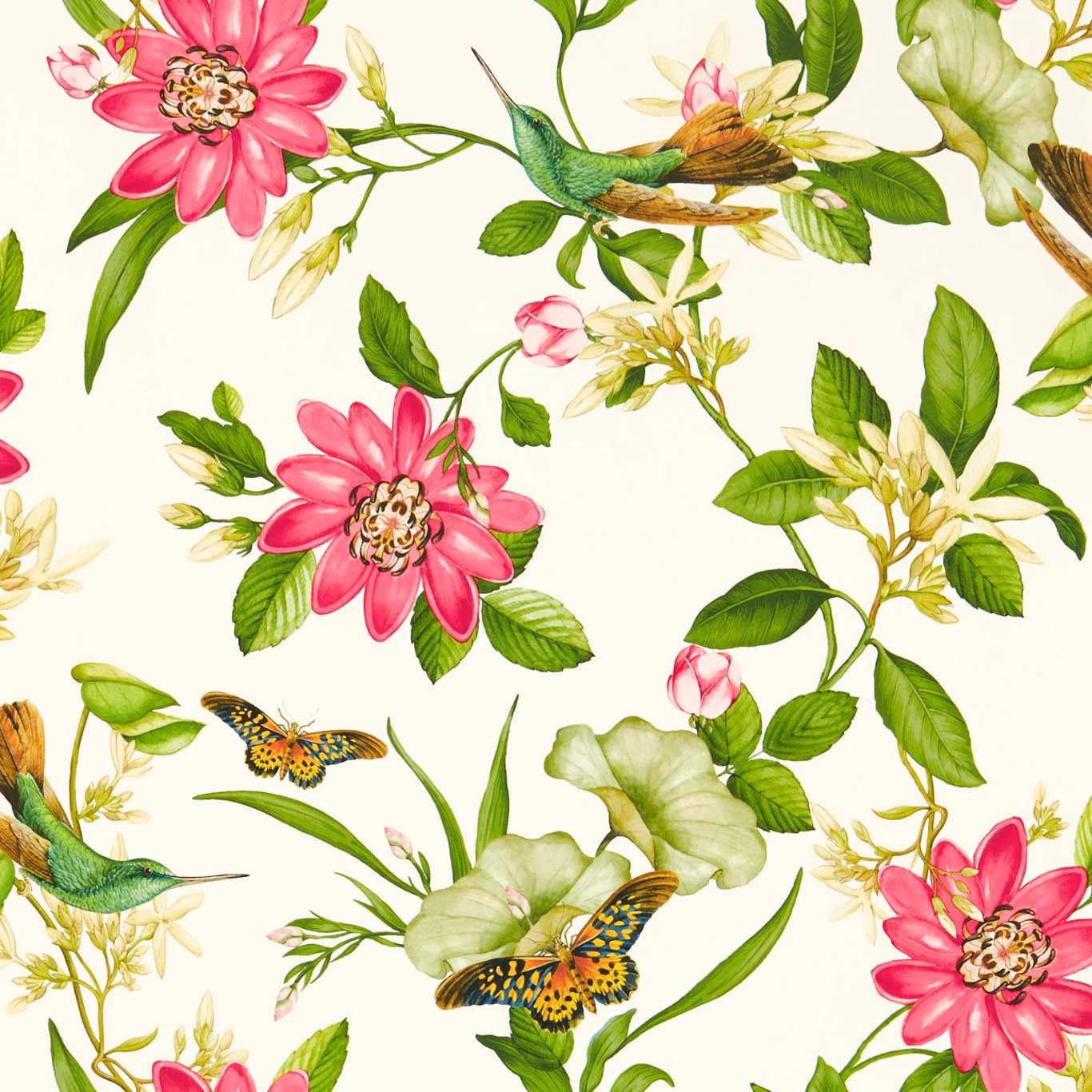 Ivory wallpaper with vivid pink flowers, green foliage, butterflies and hummingbirds