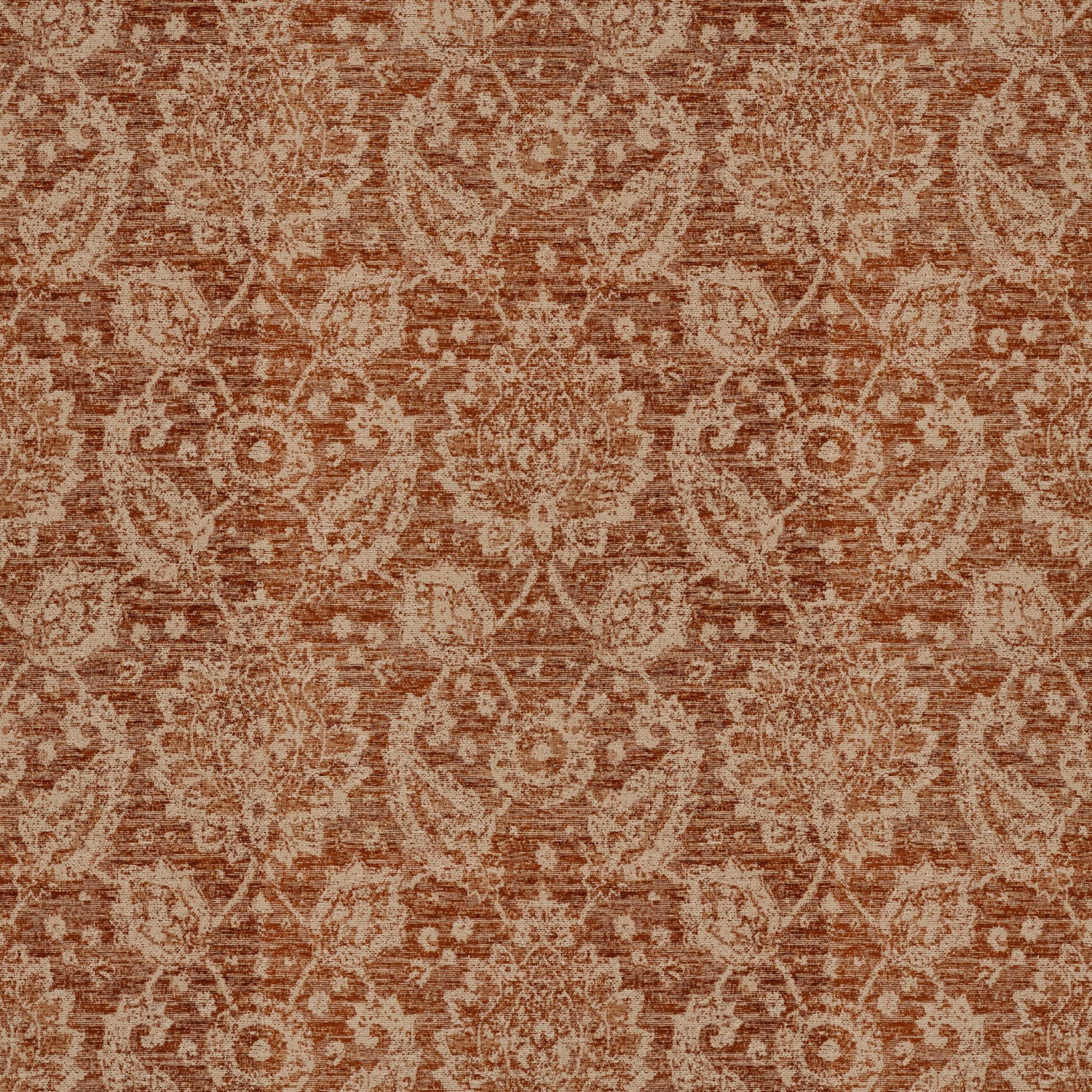 Muted brick-red fabric with distressed ivory floral medallions and horizontal woven texture