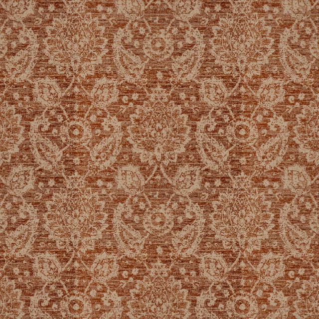 Muted brick-red fabric with distressed ivory floral medallions and horizontal woven texture