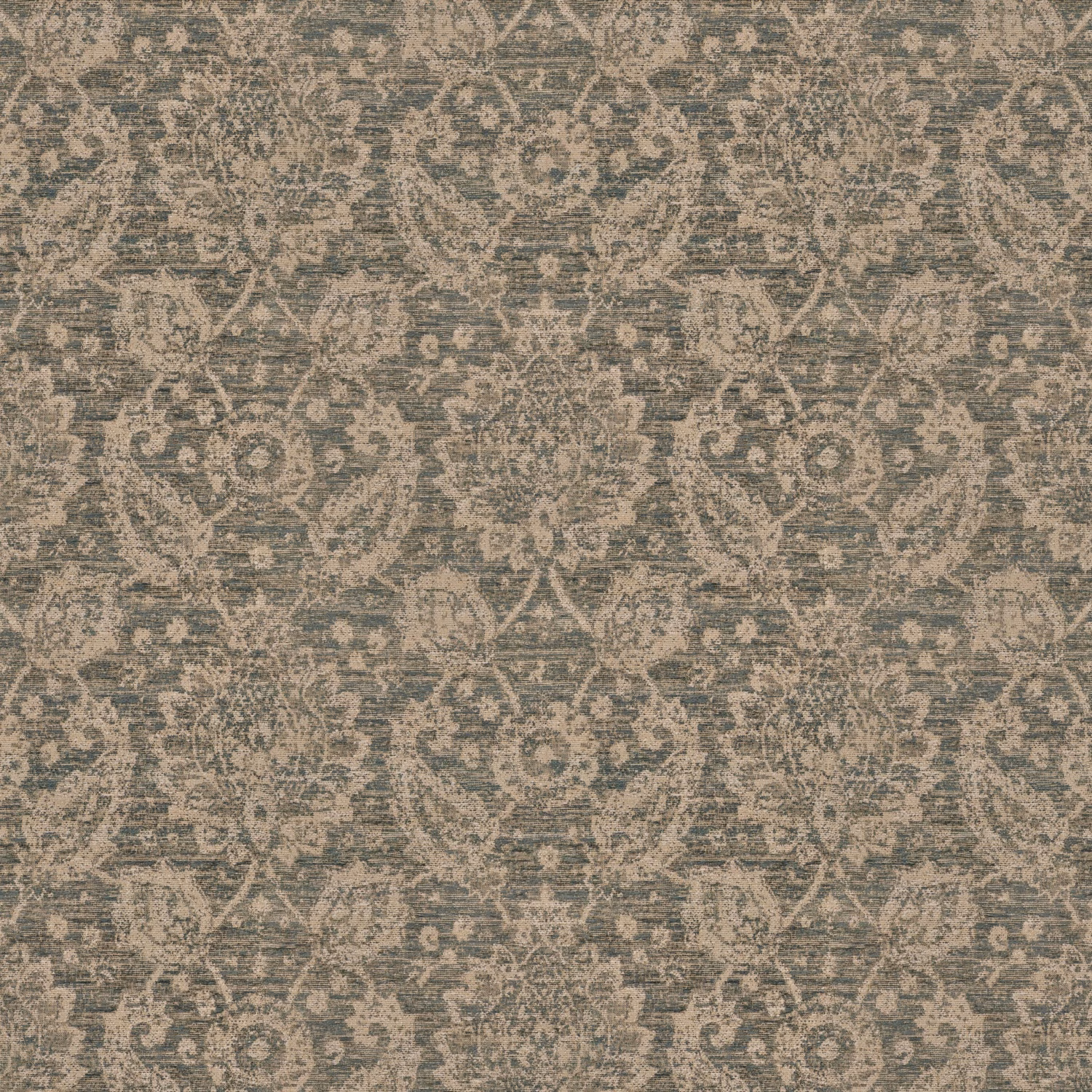 Muted hunter-green textile with distressed taupe damask and visible horizontal weave