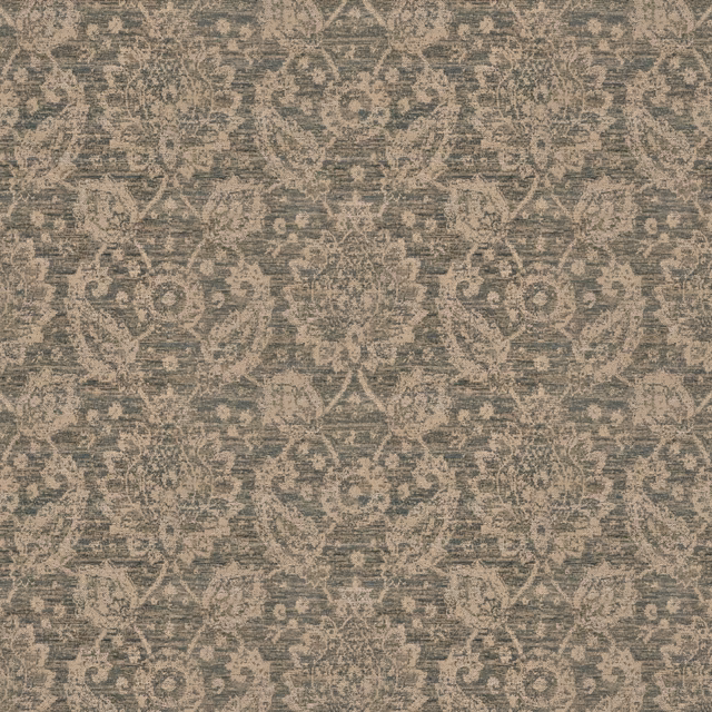 Muted hunter-green textile with distressed taupe damask and visible horizontal weave