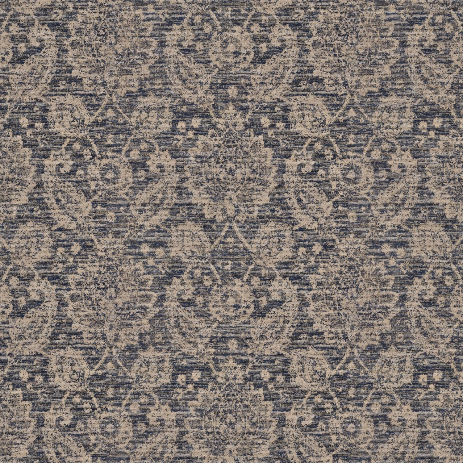 Weathered indigo and taupe woven swatch with distressed floral medallion pattern