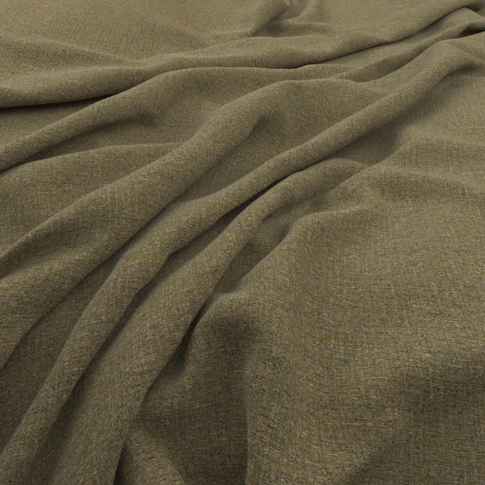 Close view of olive-green woven fabric gathered into soft, shadowed folds