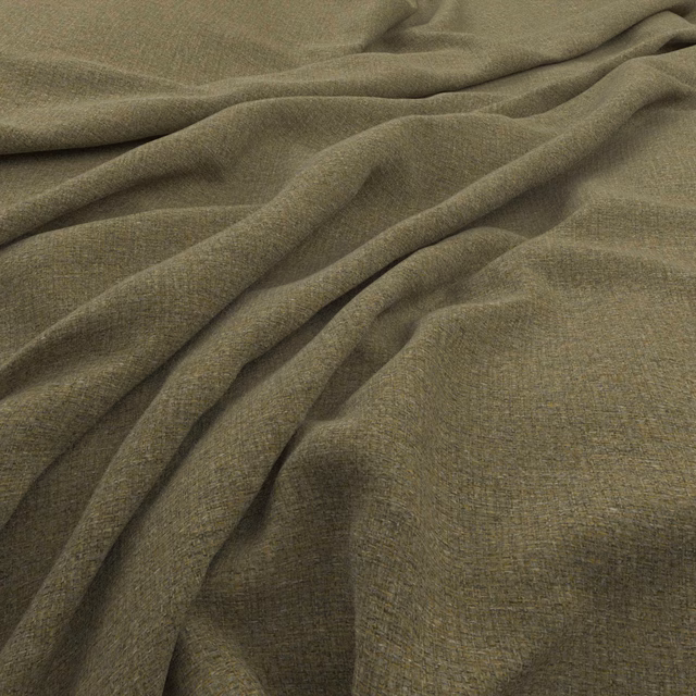 Close view of olive-green woven fabric gathered into soft, shadowed folds