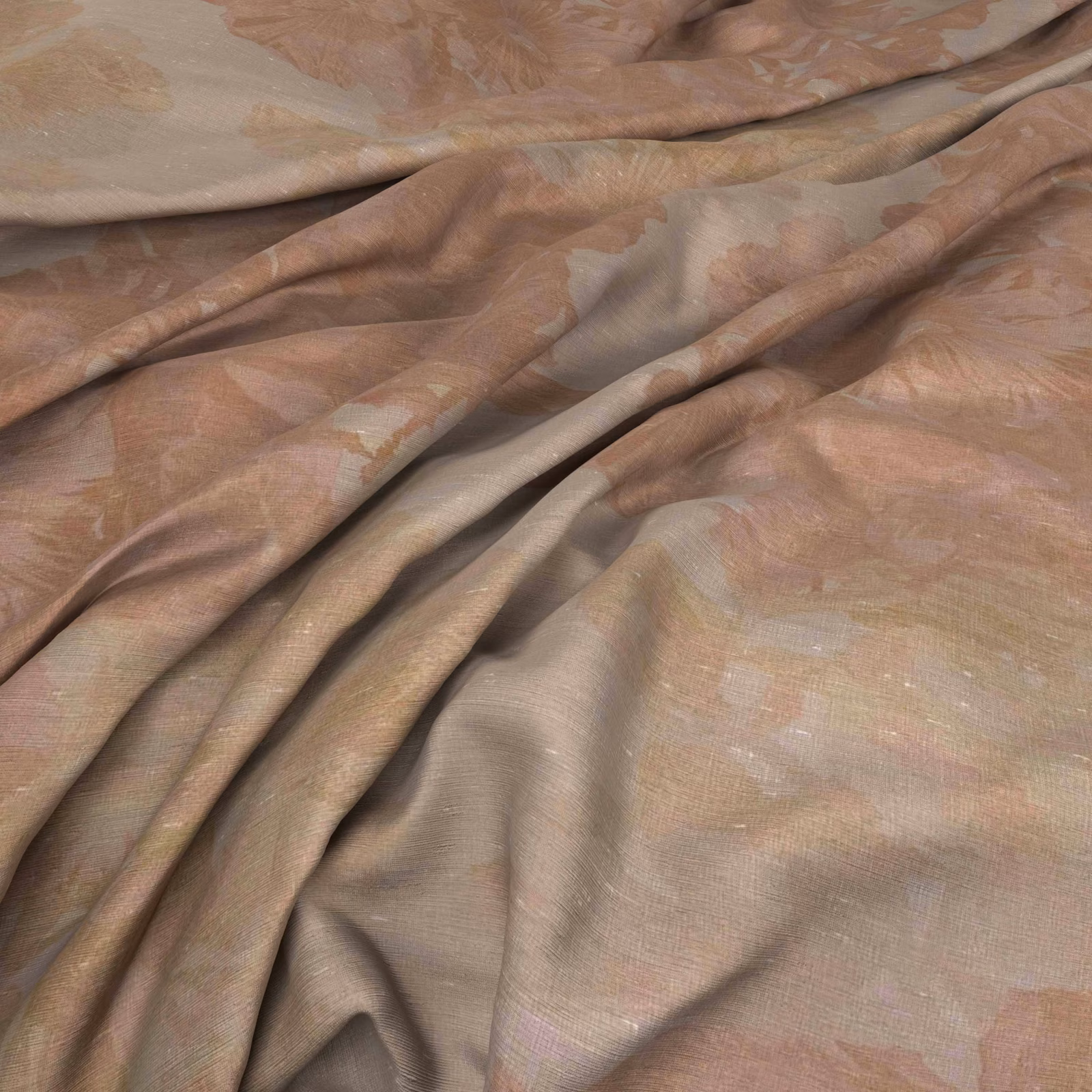 Dusty blush taupe Akaibara fabric with blurred blossom motifs, fine texture and softly reflective folds.