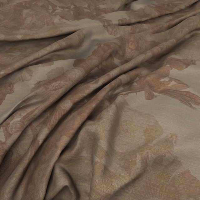 Warm taupe fabric with henna botanical motifs and softly lustrous folded texture