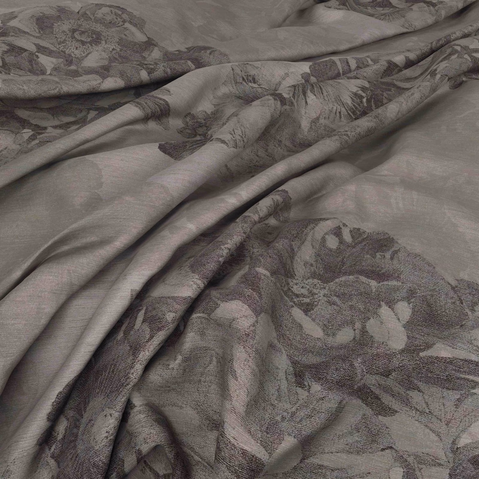 Smoky taupe-grey floral textile with muted plum blooms in soft folds