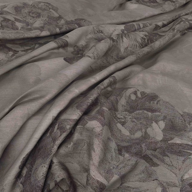 Smoky taupe-grey floral textile with muted plum blooms in soft folds