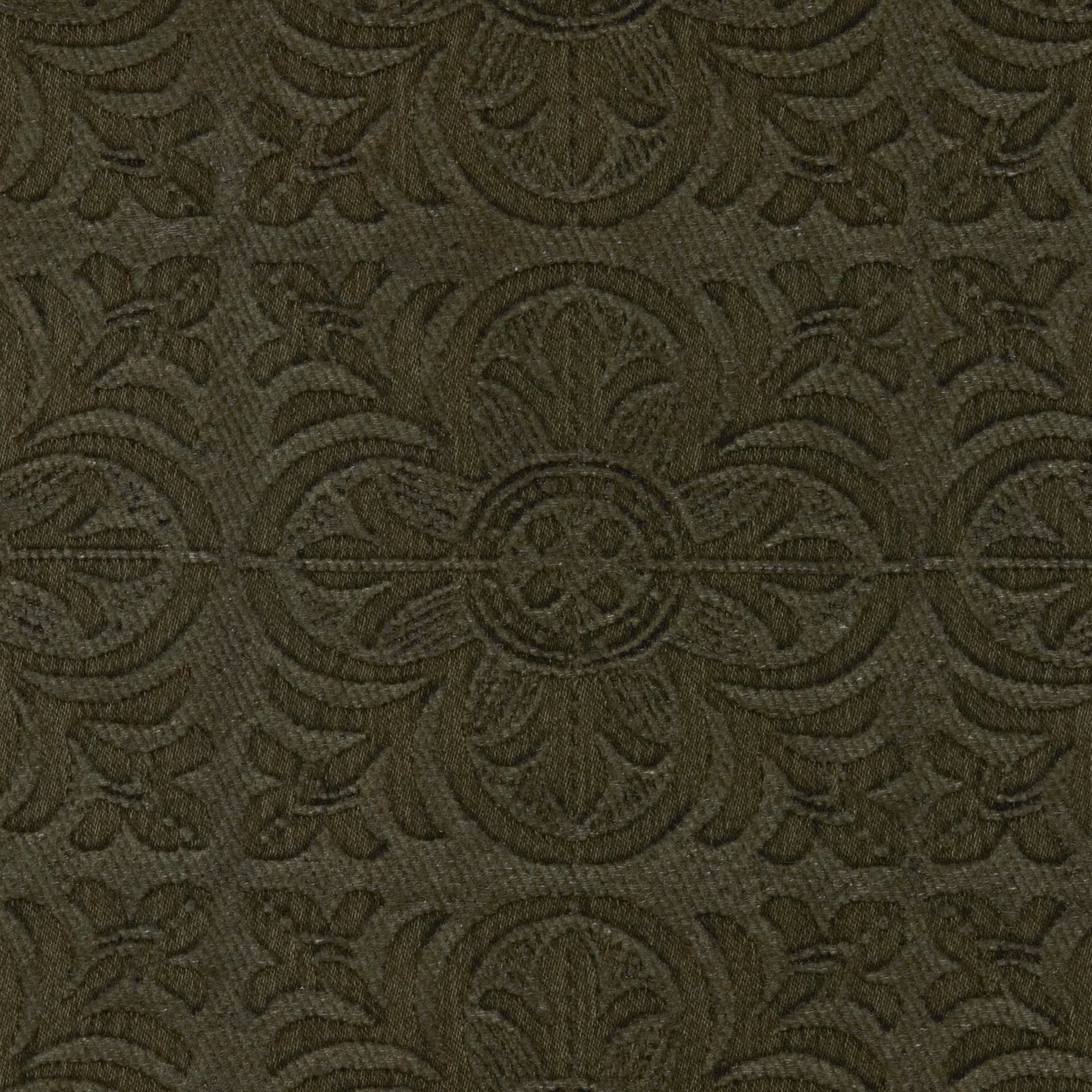 Dark olive Bullrush fabric with a tonal damask medallion and dense woven texture