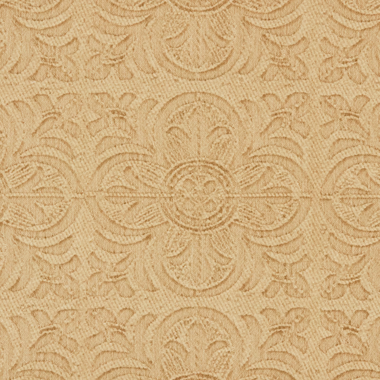 Warm manilla beige woven damask with raised scallops, foliage and circular medallions