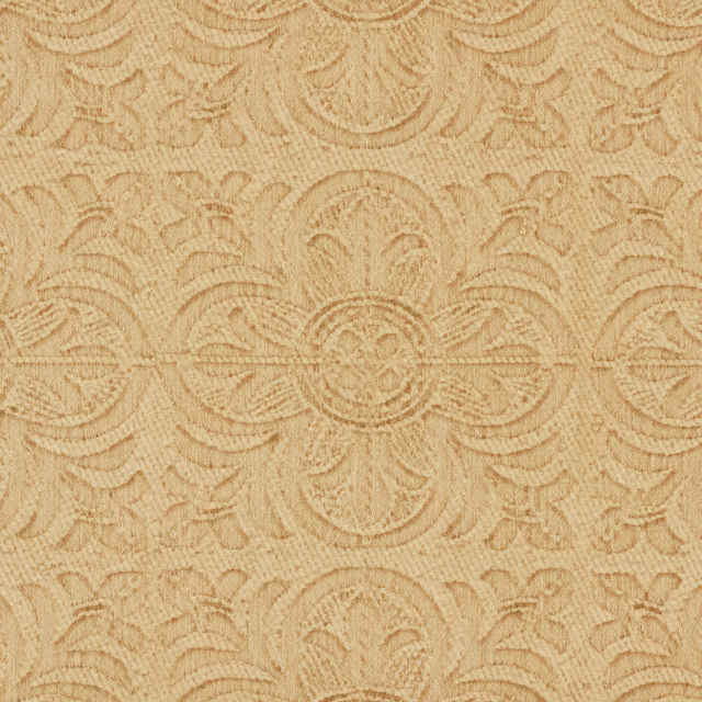 Warm manilla beige woven damask with raised scallops, foliage and circular medallions