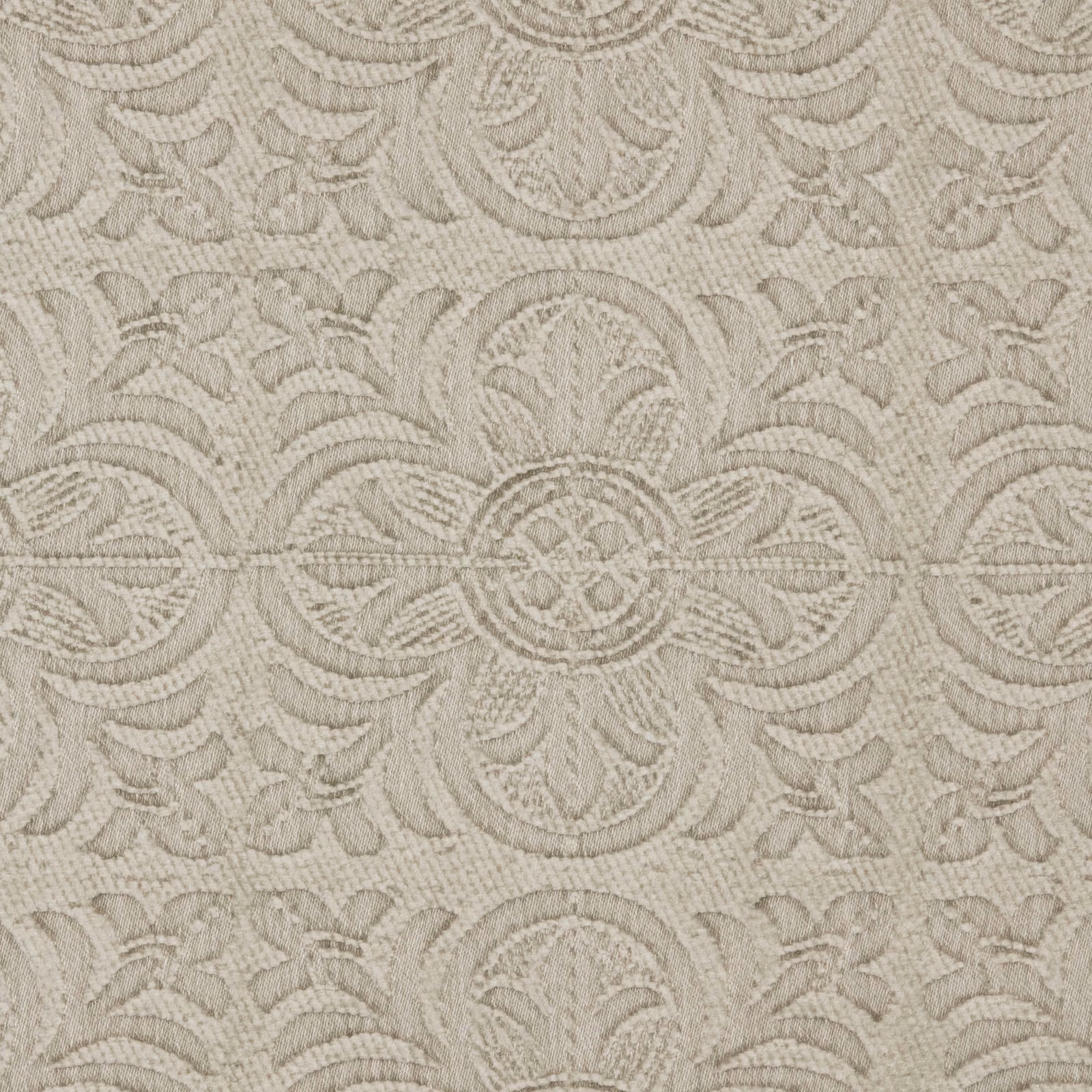 Warm parchment beige damask with raised scrolling leaves and rounded medallions