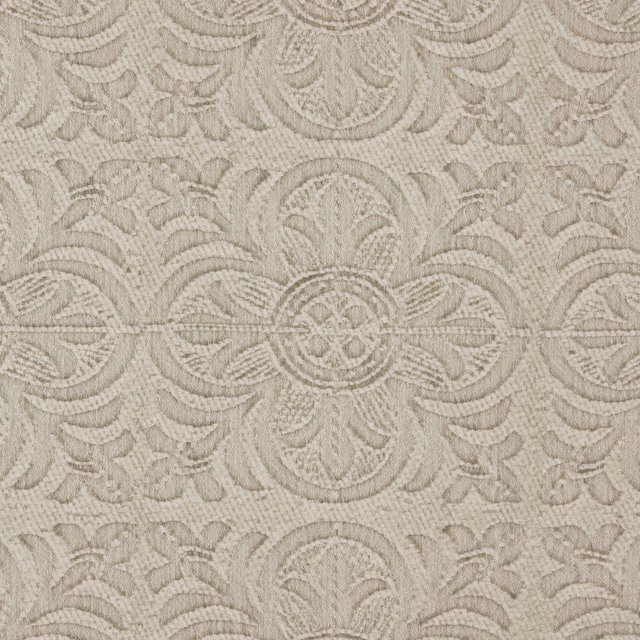 Warm parchment beige damask with raised scrolling leaves and rounded medallions