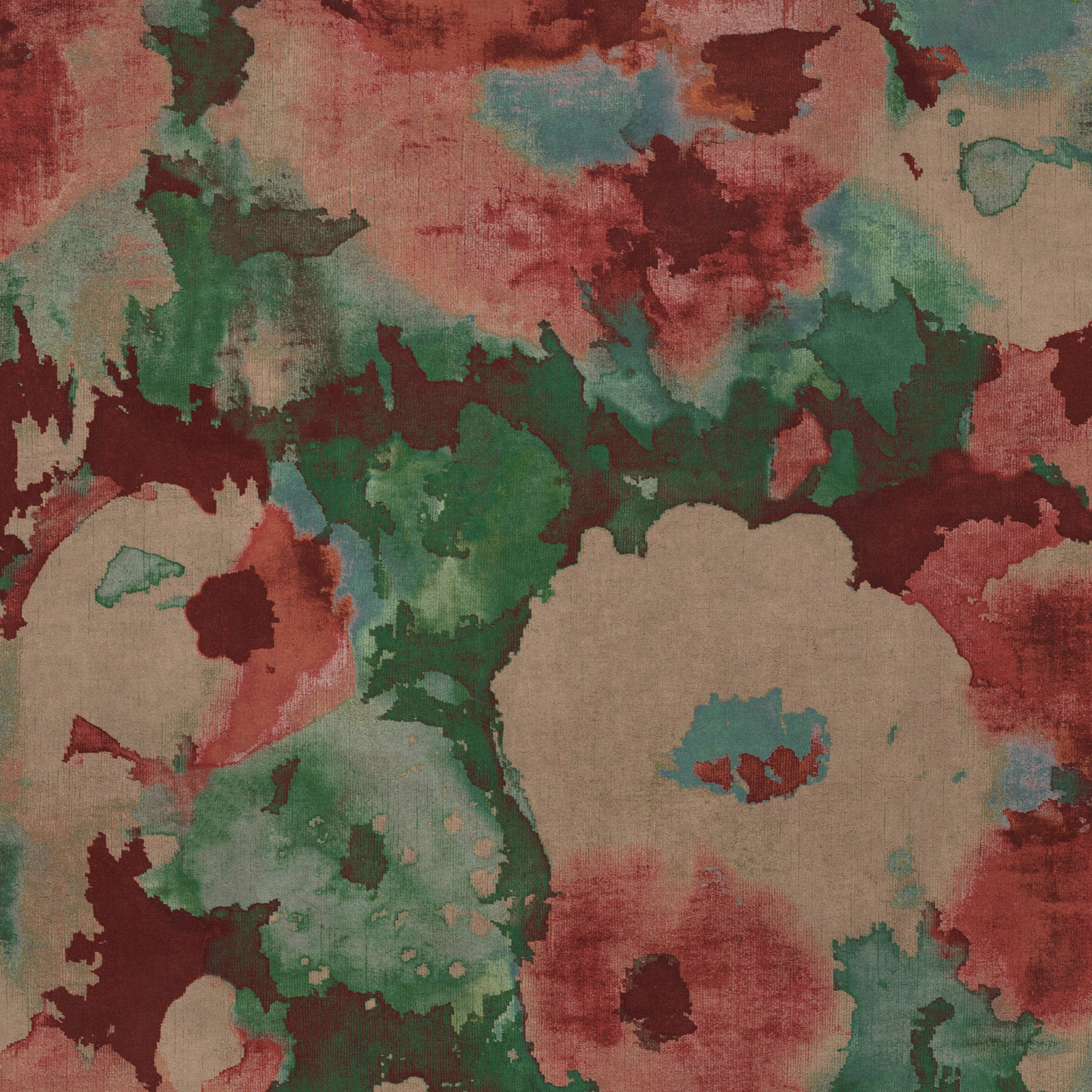Abstract multicolour fabric swatch with paprika red, teal and green painterly blocks
