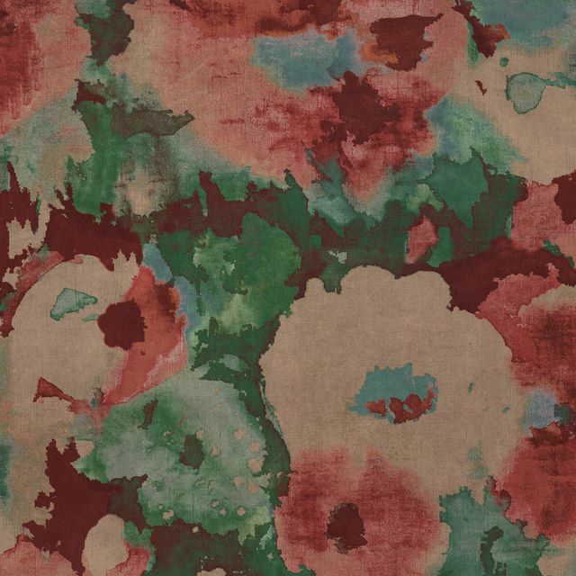 Abstract multicolour fabric swatch with paprika red, teal and green painterly blocks