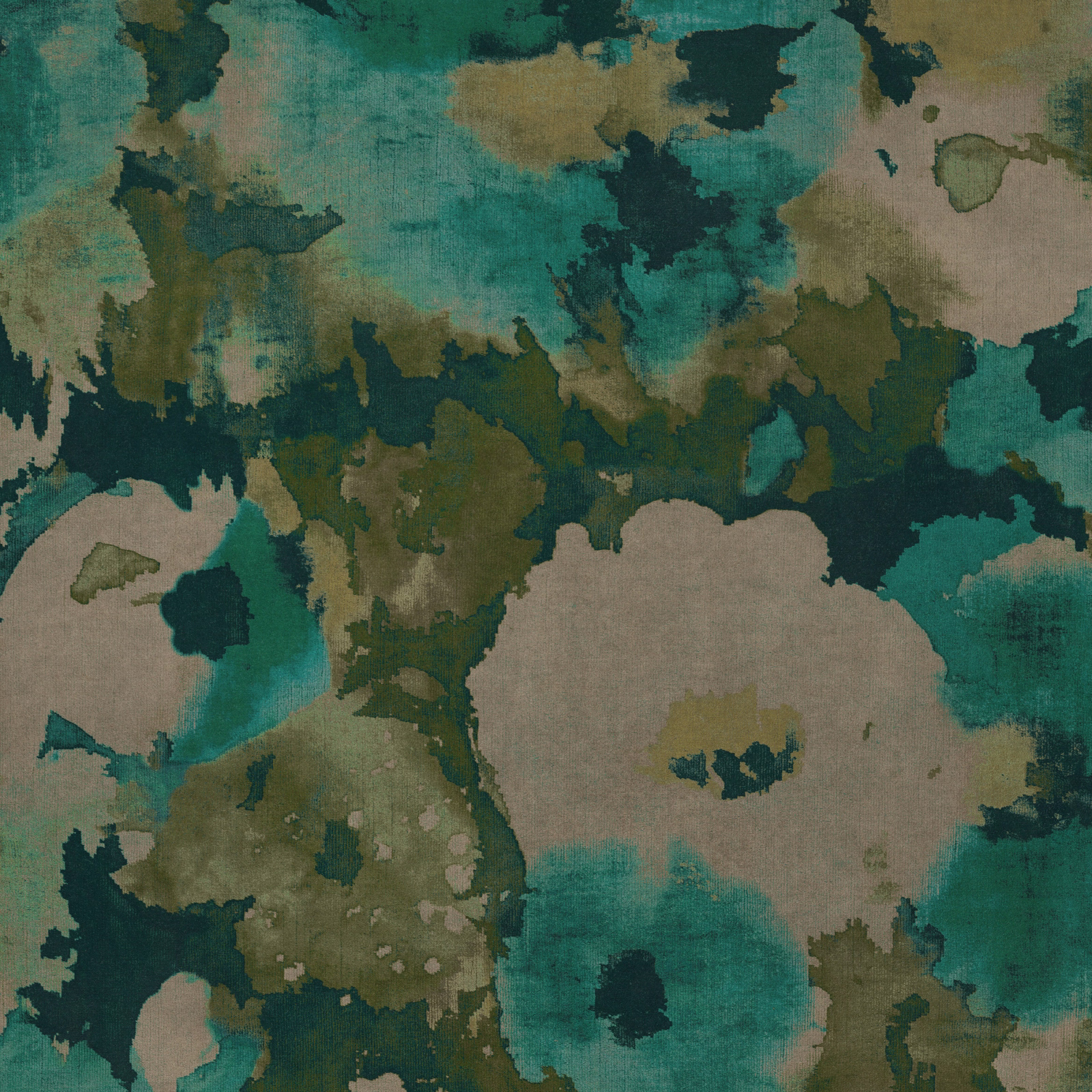 Abstract teal, olive and stone patterned fabric with painterly washes and soft texture
