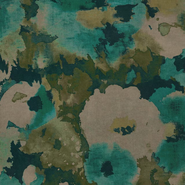 Abstract teal, olive and stone patterned fabric with painterly washes and soft texture
