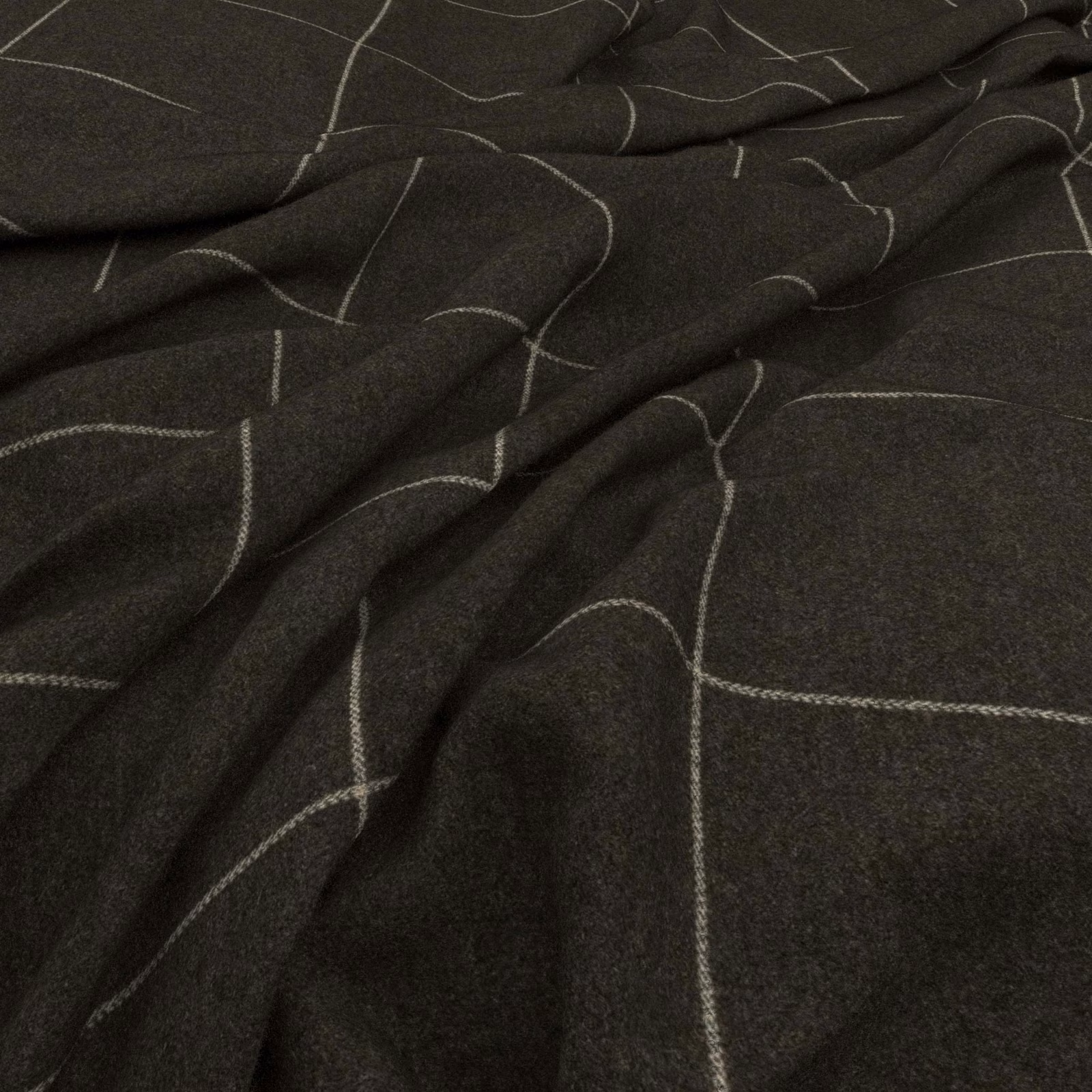 Deep charcoal fabric with pale looping lines and a softly textured woven surface
