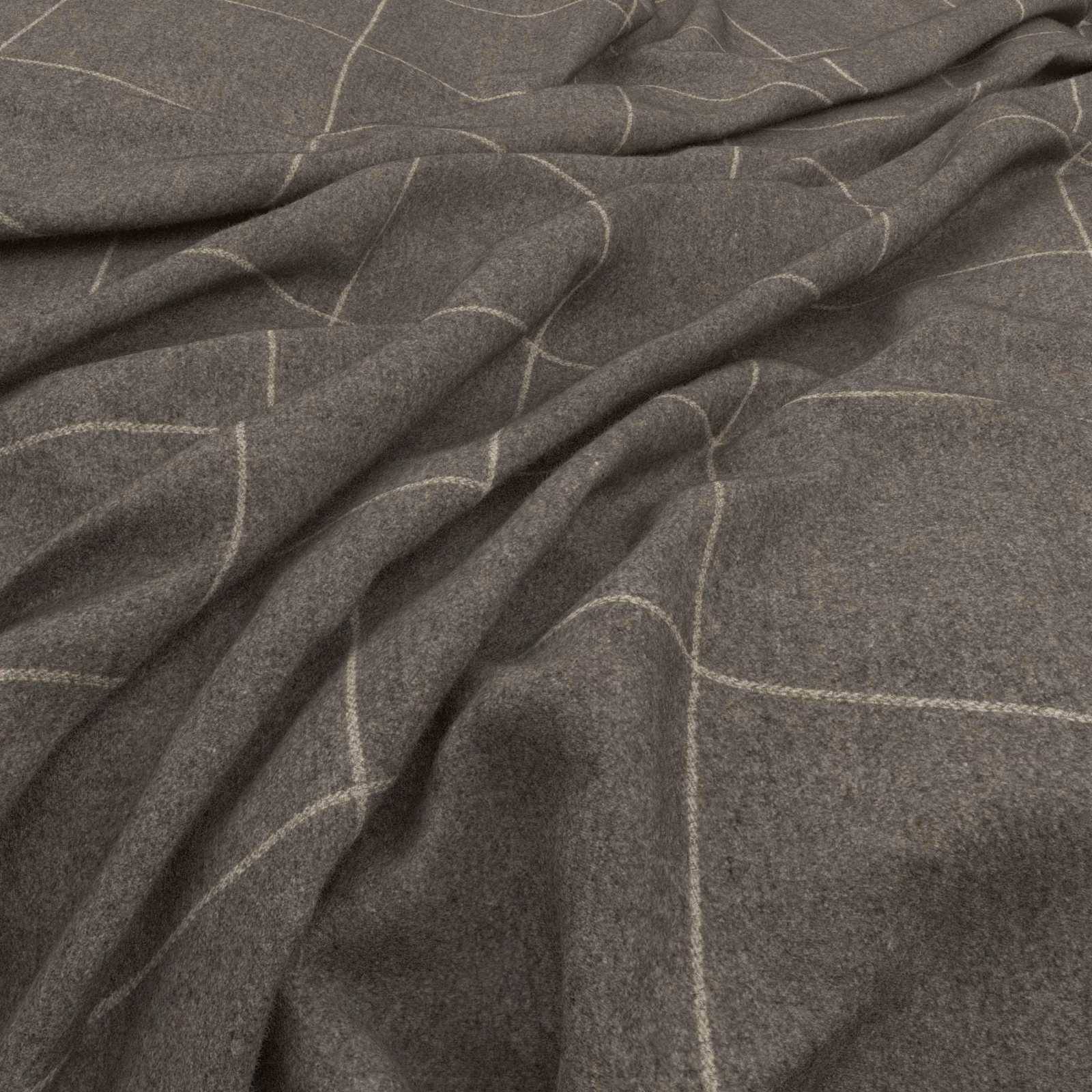 Charcoal-grey woven fabric with fine ivory organic grid lines draped in soft folds