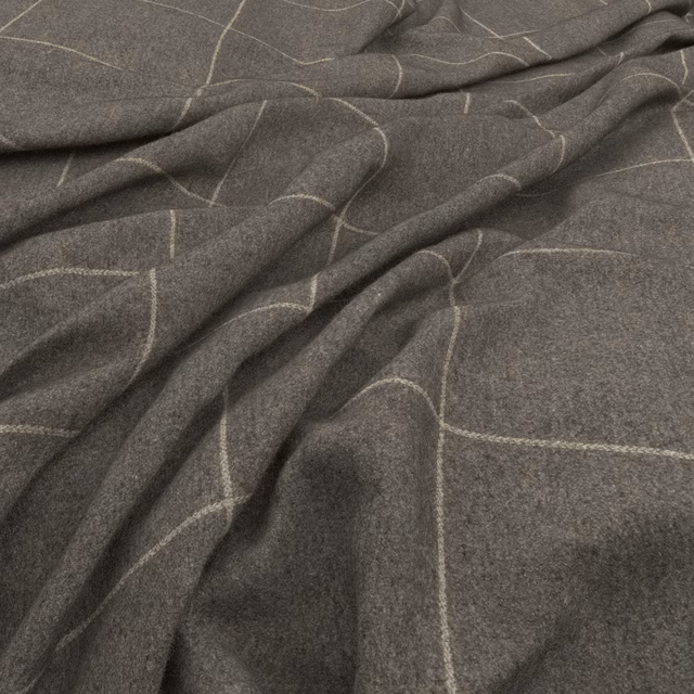 Charcoal-grey woven fabric with fine ivory organic grid lines draped in soft folds