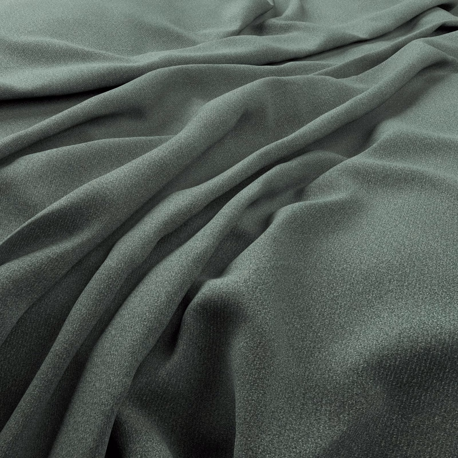 Muted eucalyptus-green fabric with fine grain, gathered into soft shadowed folds
