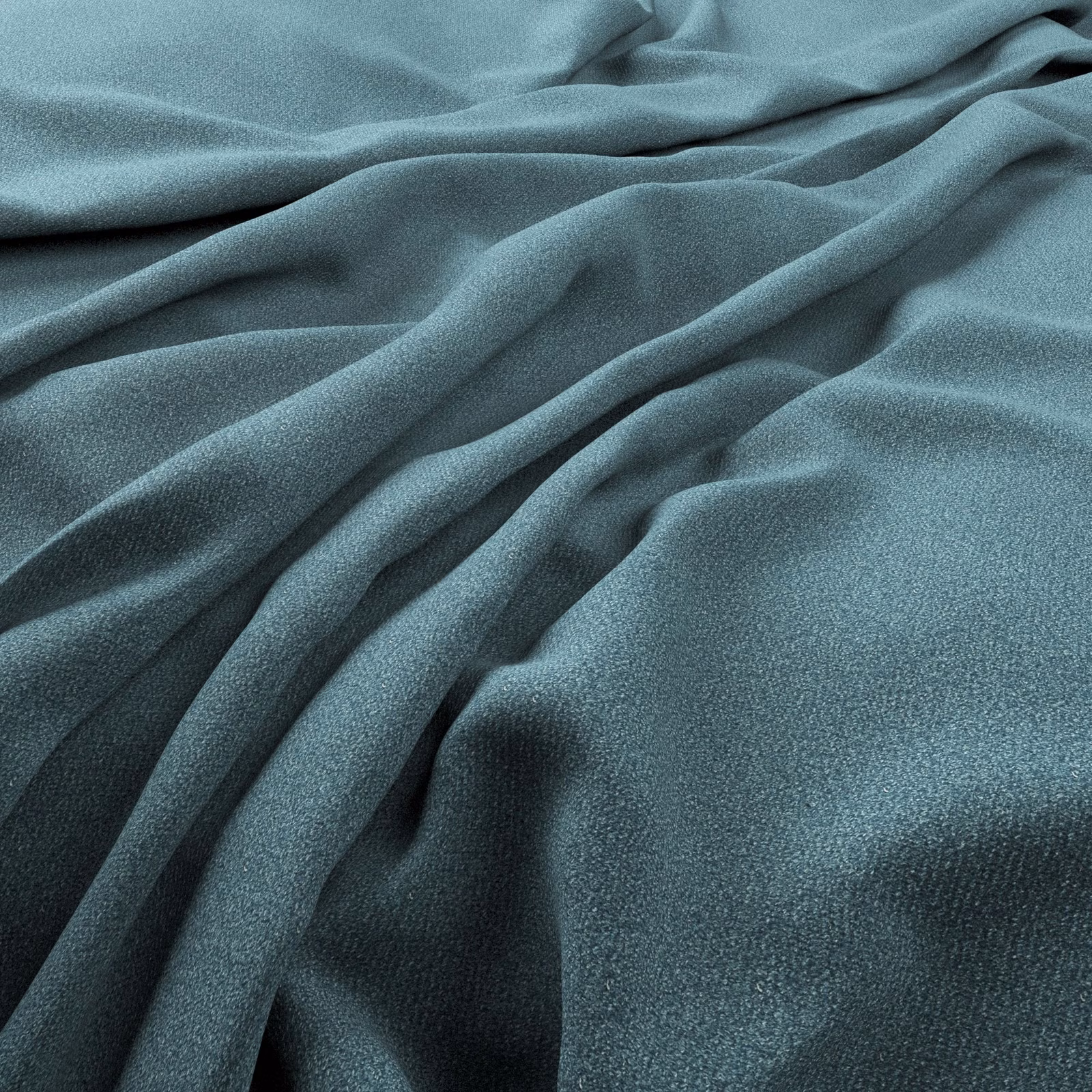 Close view of muted airforce blue fabric with fine grain and fluid folds