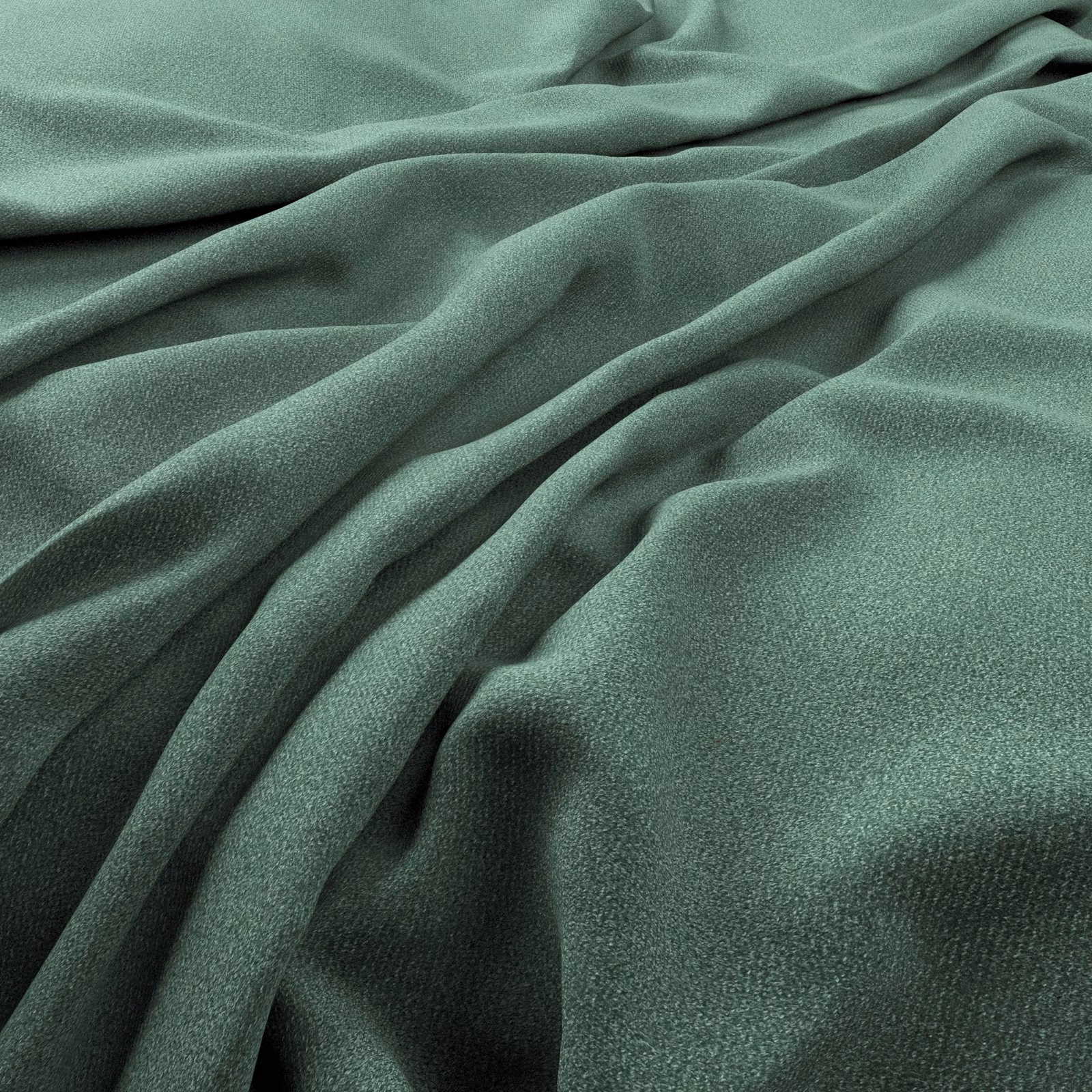Muted aqua-teal plain fabric gathered into soft folds, showing a fine textured weave