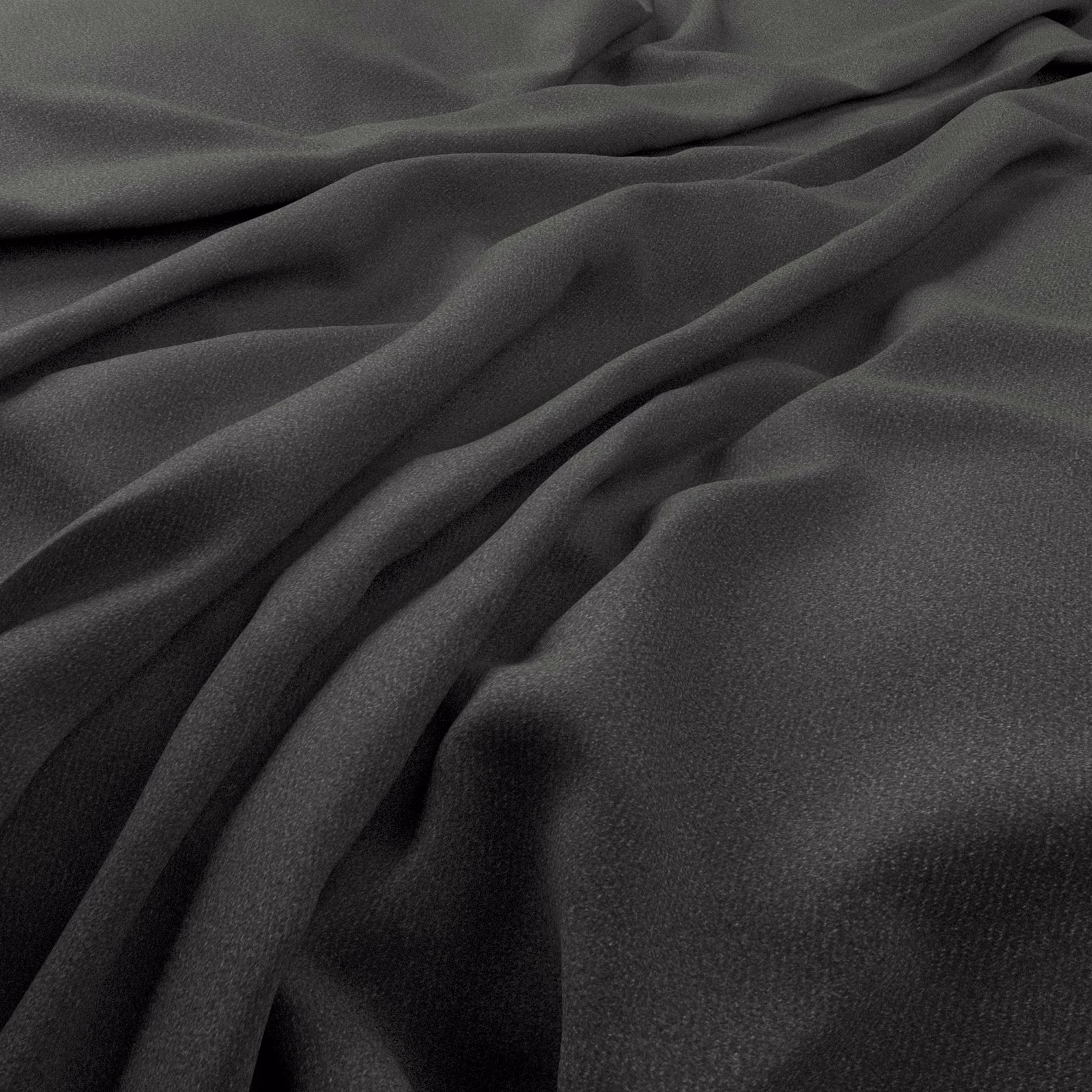 Deep charcoal-grey fine-weave textile falling into softly highlighted fluid folds