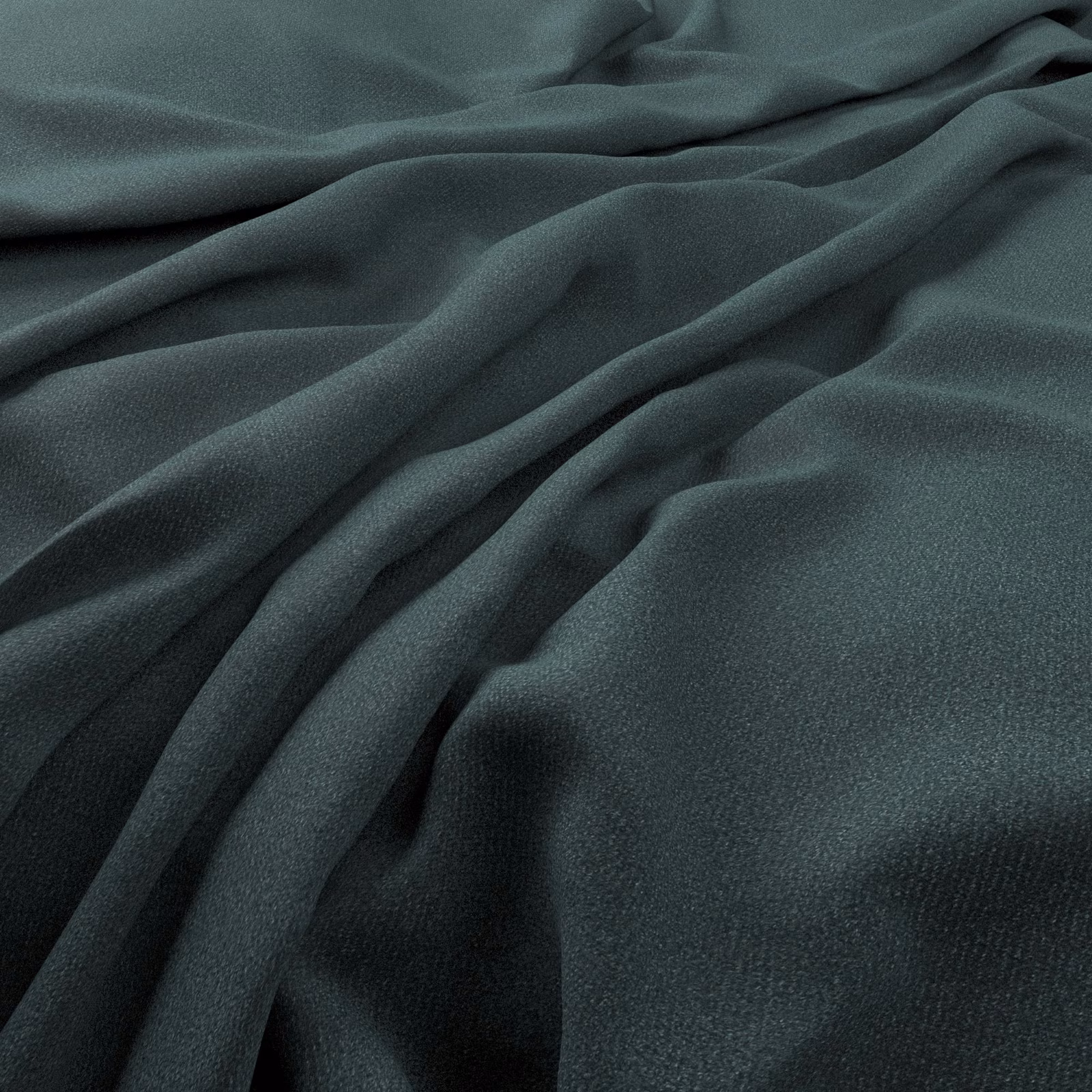 Deep blue-teal plain fabric with fine texture gathered into softly shadowed folds