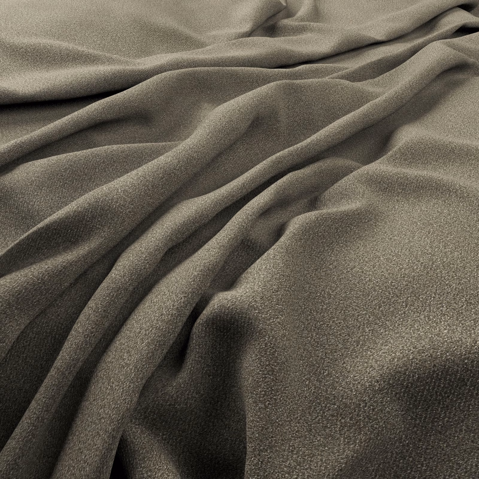 Close-up of flint-grey fabric with fine texture falling in soft, deep folds