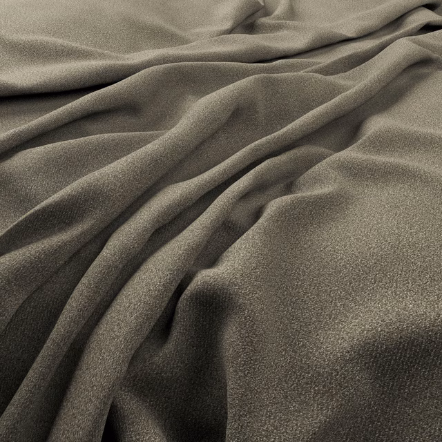 Close-up of flint-grey fabric with fine texture falling in soft, deep folds