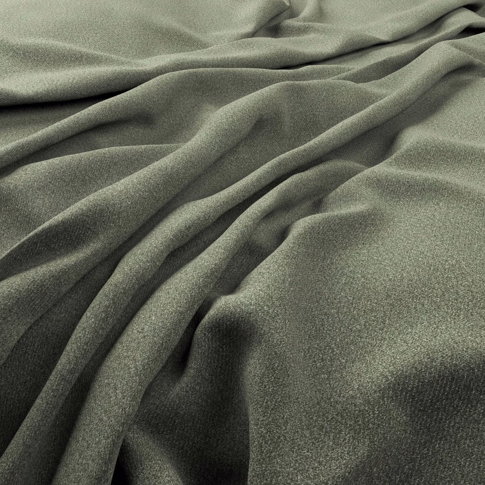 Muted sage-grey fabric with fine brushed nap and deep gathered folds