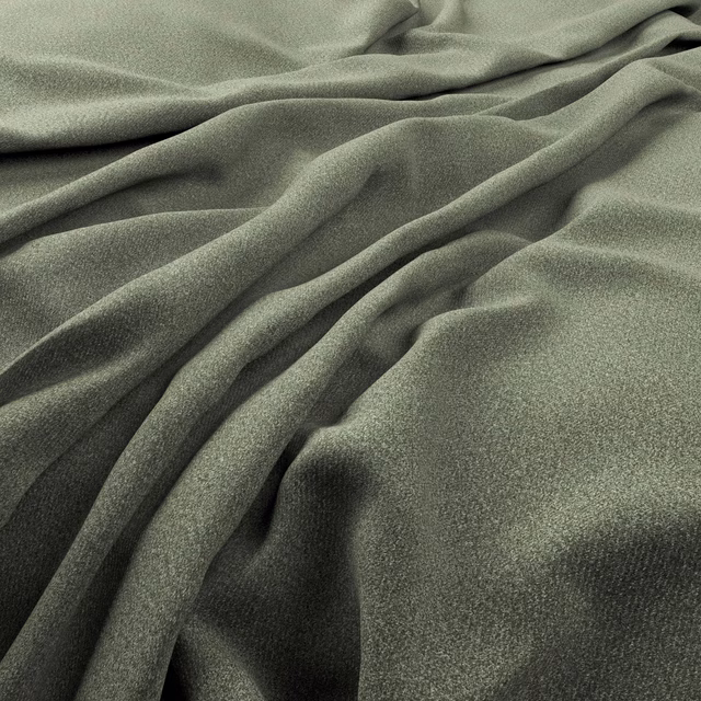 Muted sage-grey fabric with fine brushed nap and deep gathered folds
