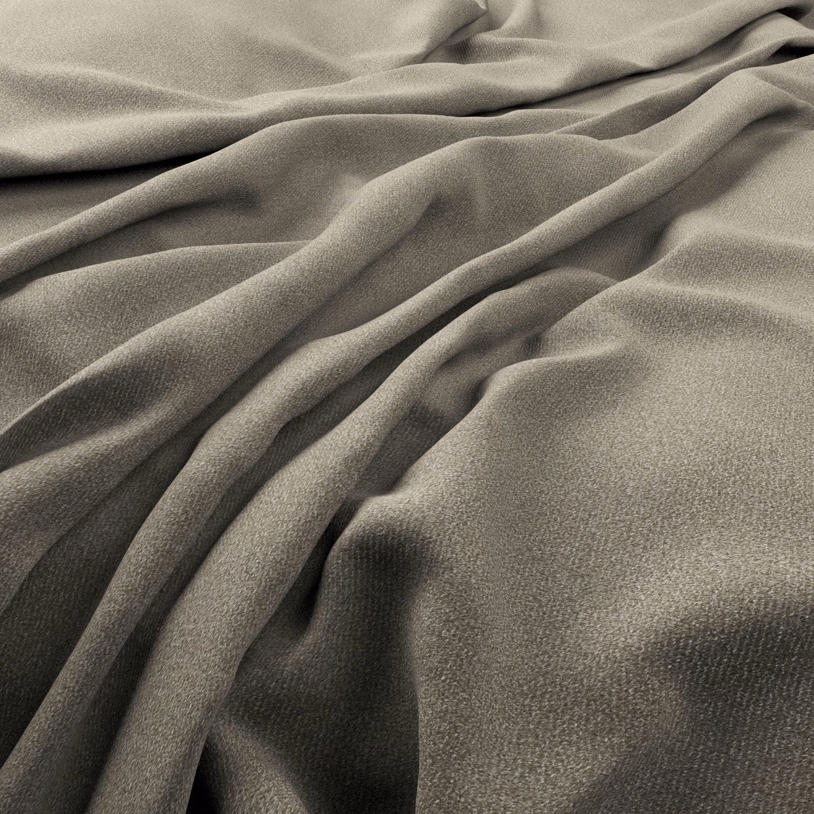 Close view of cool taupe-grey fabric forming softly lustrous diagonal folds