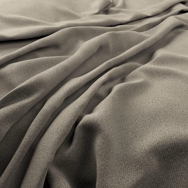 Close view of cool taupe-grey fabric forming softly lustrous diagonal folds