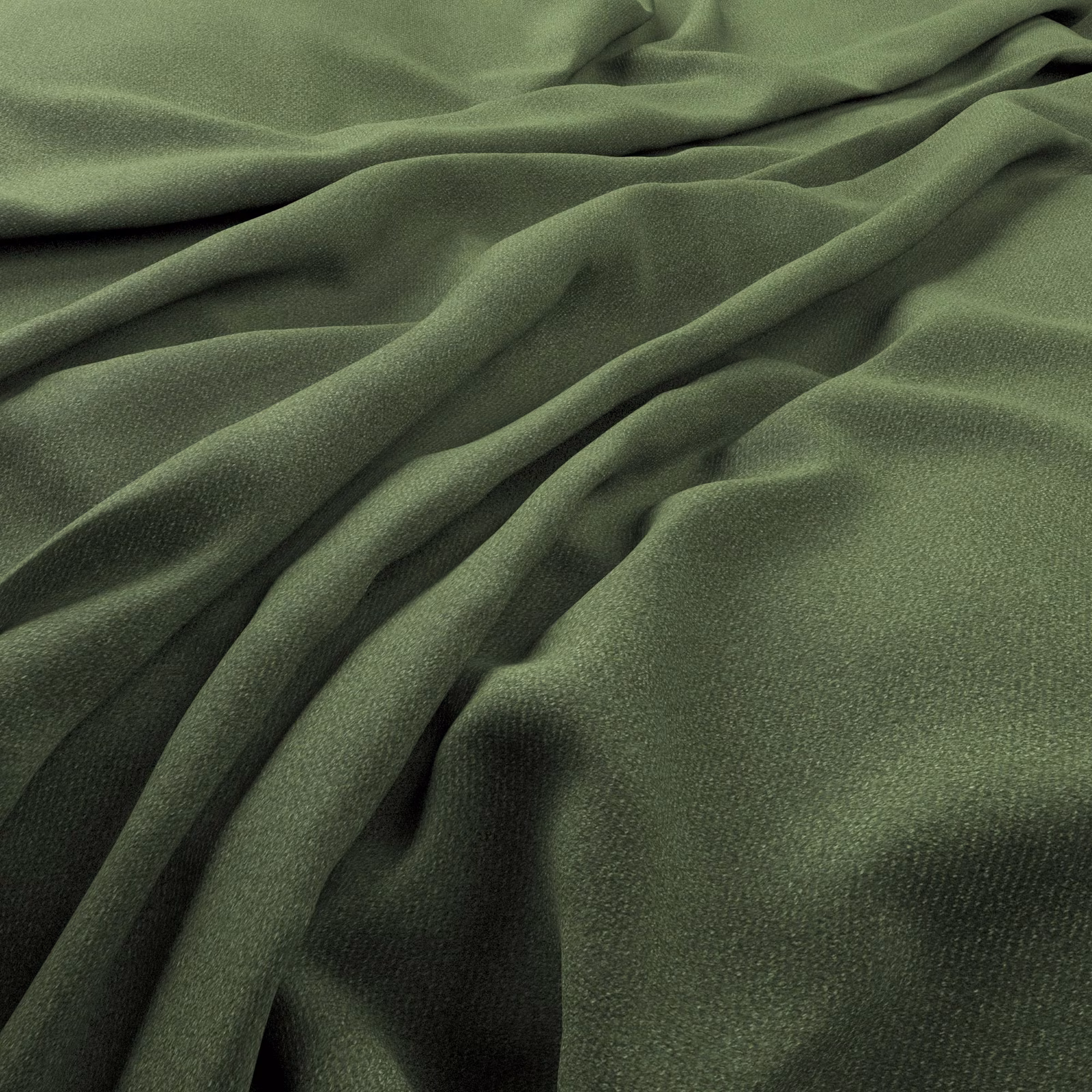 Muted shamrock green woven fabric gathered into soft, shadowed flowing folds